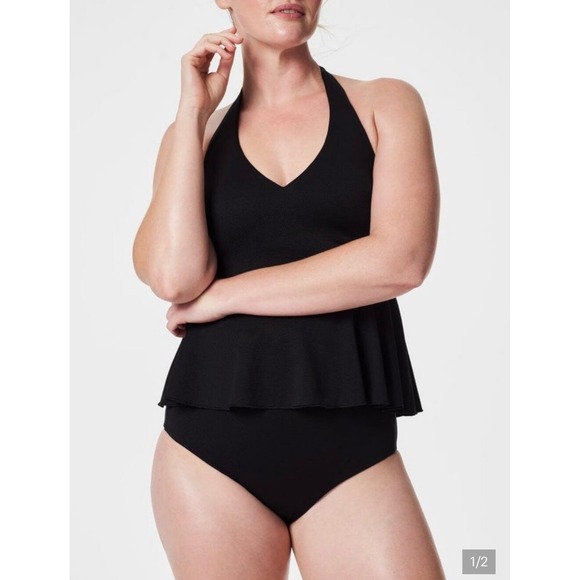 SPANX Other - Spanx Pique Full Bust Halter Tankini Top Very Black Peplum Swim Large NEW